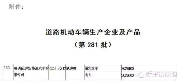 熱烈祝賀躍迪集團(tuán)旗下陜西躍迪公司SQZ6600KA、SQZ6100NG車型正式列入工信部產(chǎn)品公告目錄（第281批）